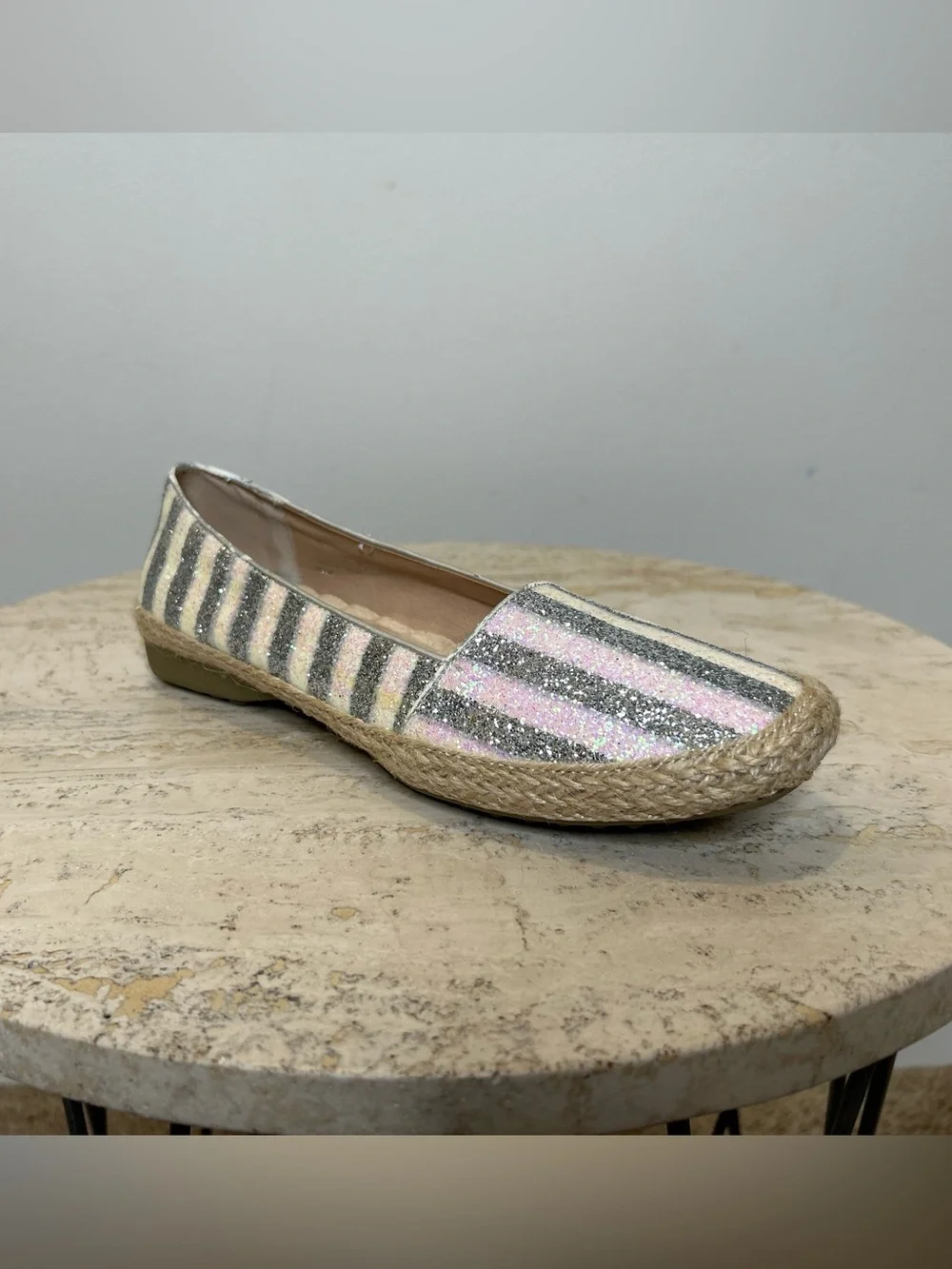 Joan Boyce Glitter Striped Espadrille Flats in Silver and Beige Size 8.5W
